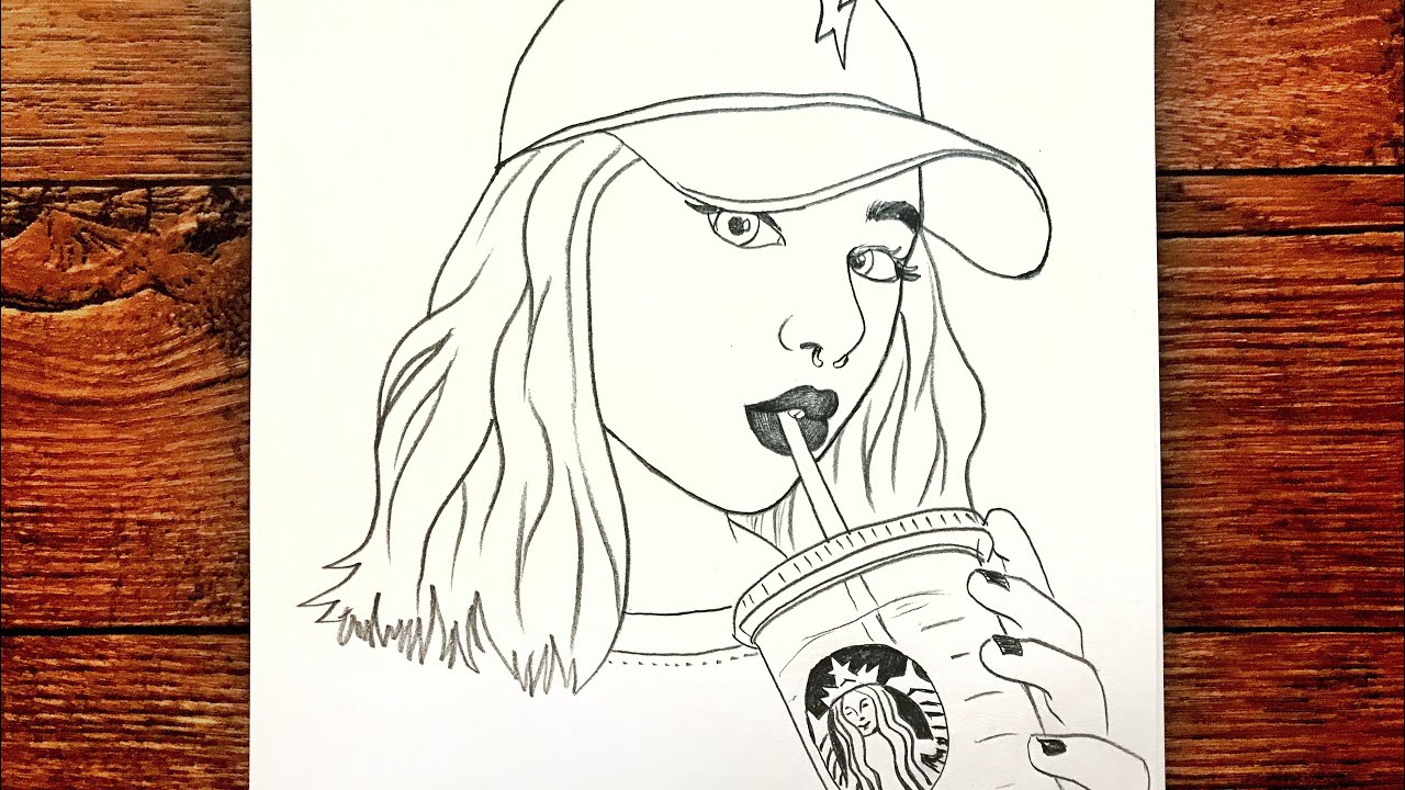 Starbucks Kahve İçen Kız Çizimi ☕ How to Draw a Girl Drinking Starbucks Coffee ☕Asmr Drawing