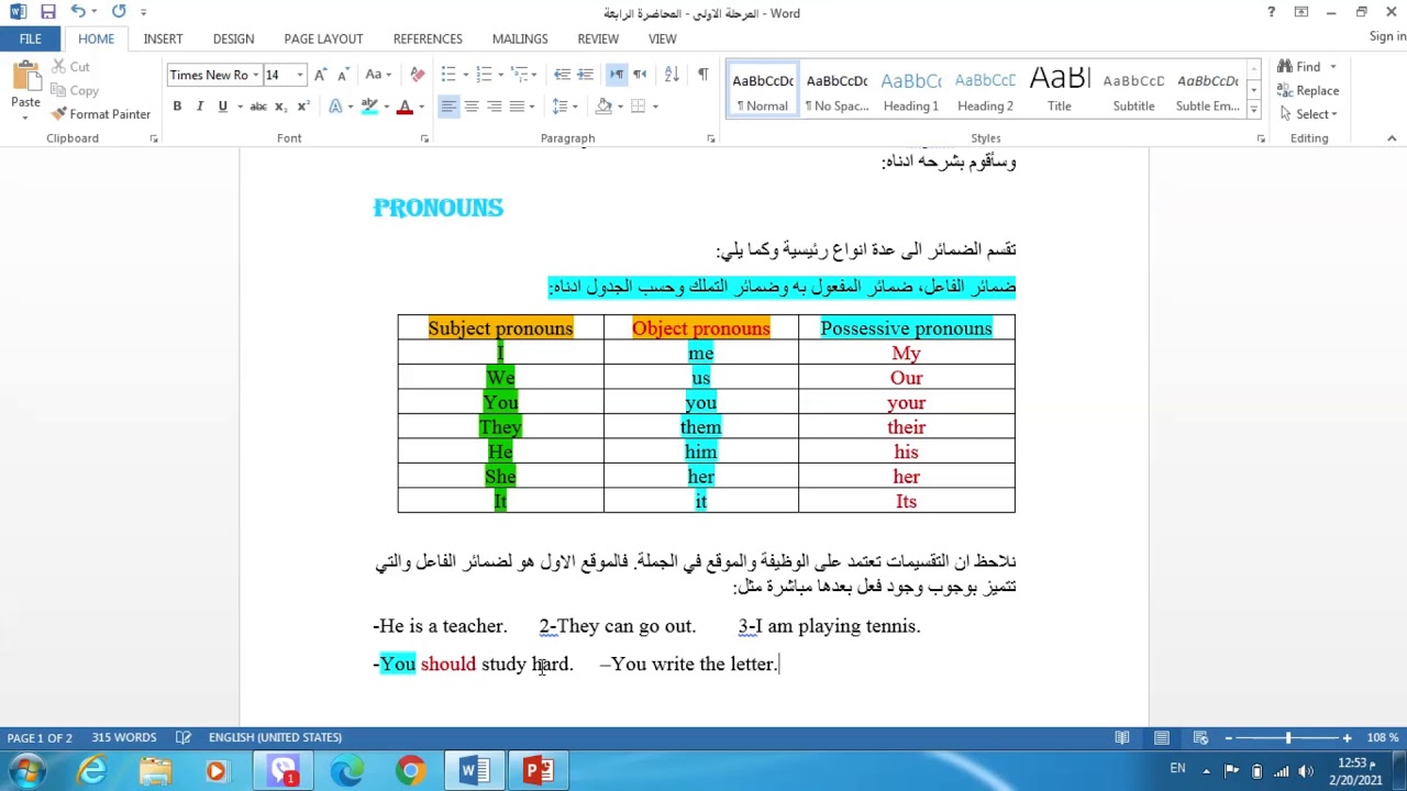 المرحلة الاولى - المحاضرة الرابعة Types of Pronouns أنواع الضمائر