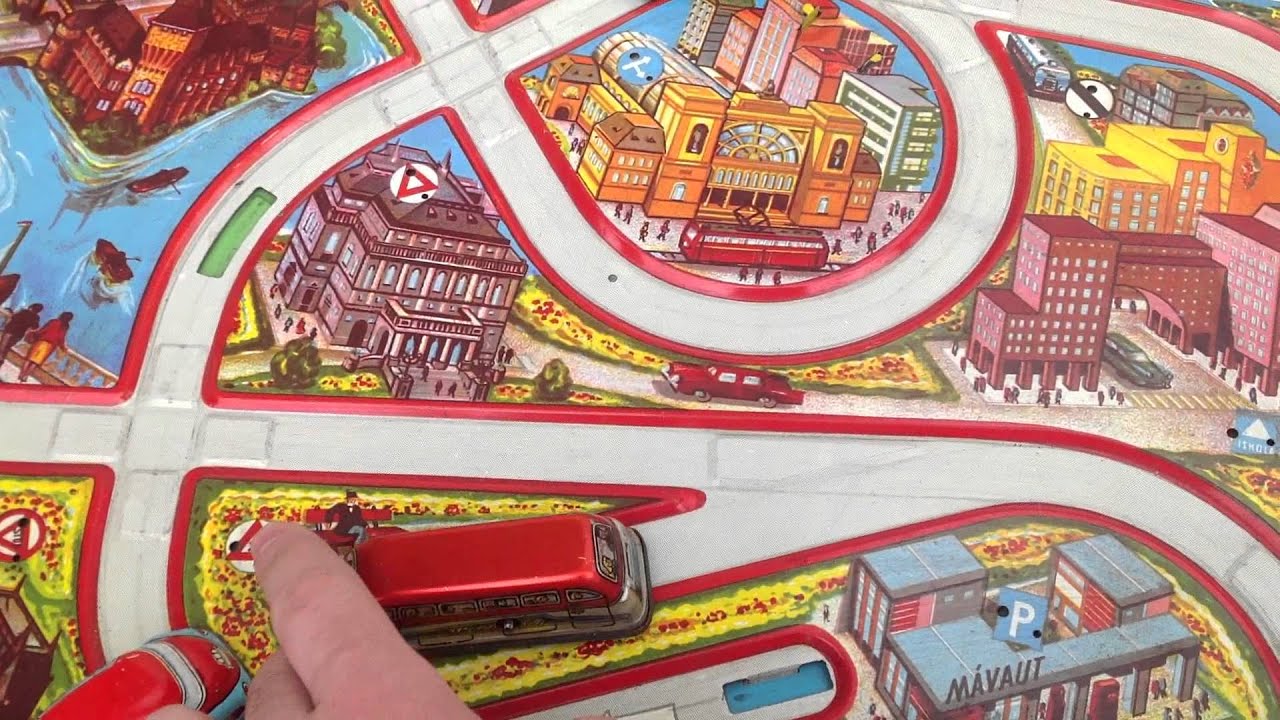 Vintage Collectible Tin Toy Technofix Litho Track  2 Wind-up Cars With Key 1960s