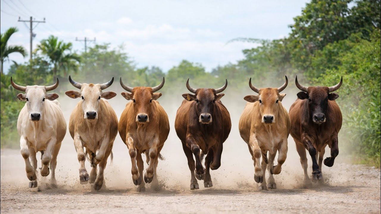 The activity of herding cows that are happily running fast to get to the wide grasslands 