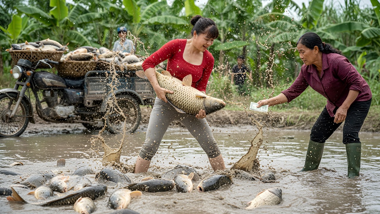 Harvesting Many Fish From Muddy Pond – Use 3-Wheeled Vehicle Go To Sell To Villagers