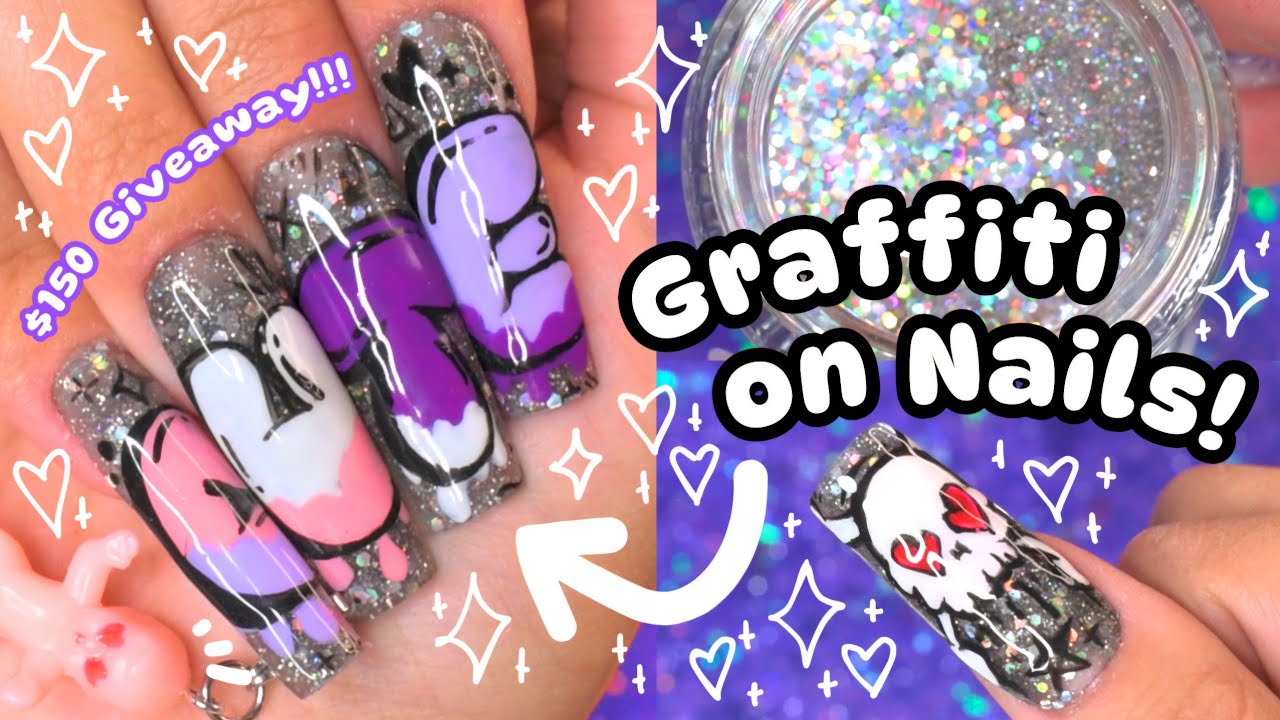 ⋆.˚☠️ Attempting GRAFFITI NAIL ART 💘 10k Subscriber Giveaway ☠️˚.⋆