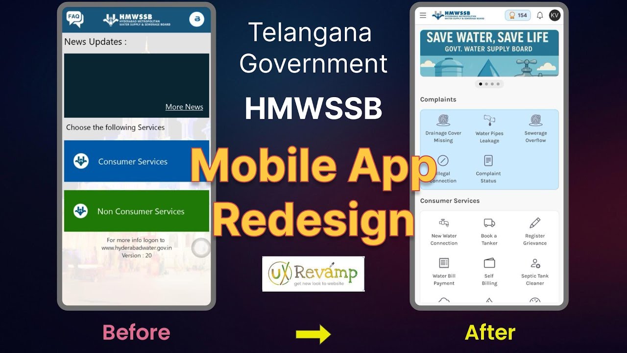 Before and After Mobile Screen ReVamp of HMWSSB Hyderabad Water Supply Board Mobile App