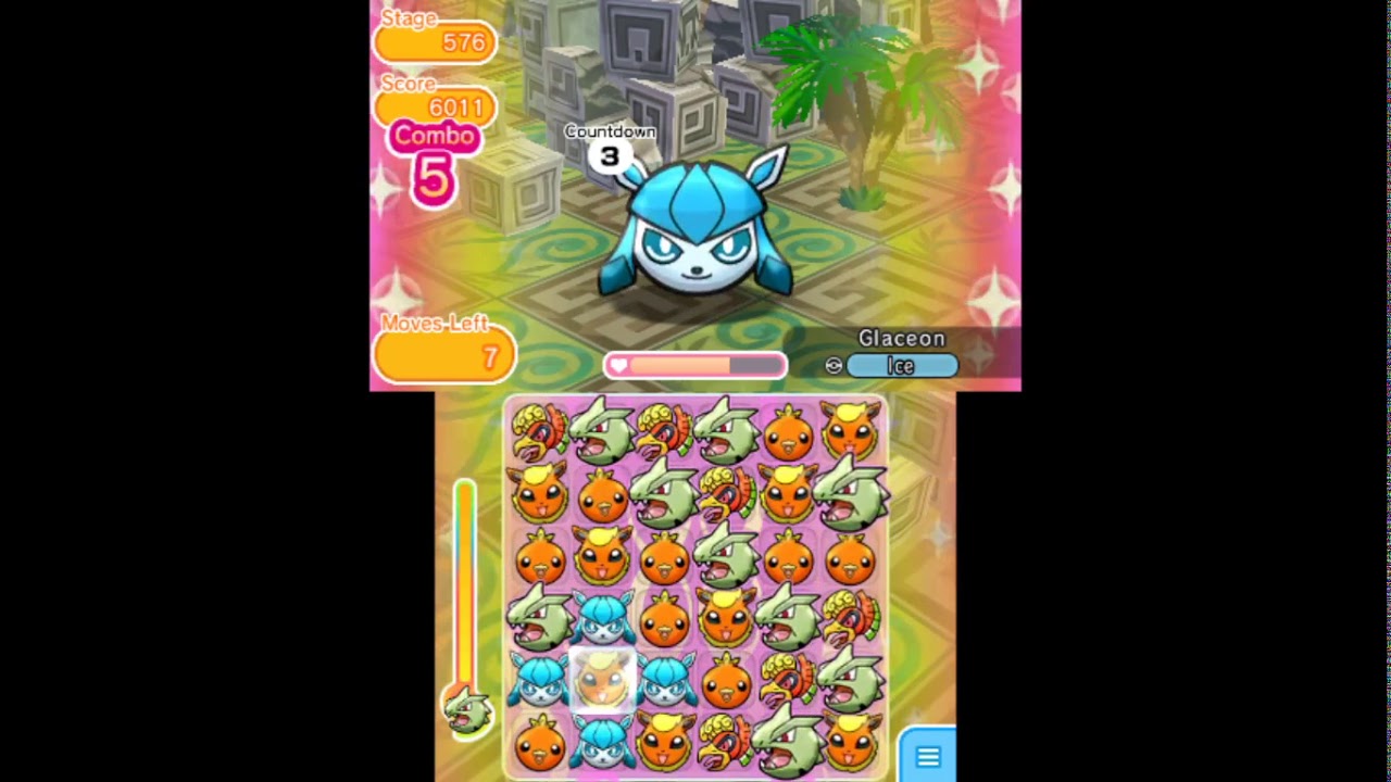 Pokemon Shuffle 3DS - Stage 576 Glaceon S Rank ITEMLESS