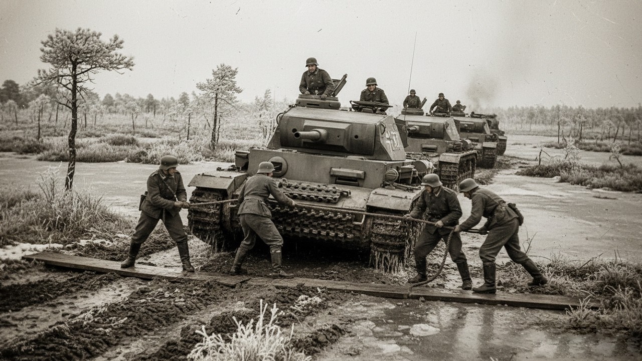 Němečtí tankisté mysleli, že bažina zamrzla. První Panzer se probořil a zablokoval celou kolonu!