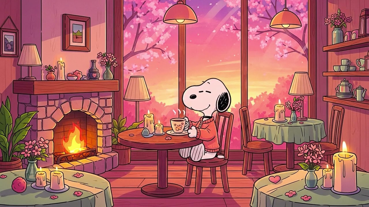 Sunset Spring Café with Snoopy 🌿☕ | Smooth Oldies Jazz Ambience Music for Chill, Relax, Focus