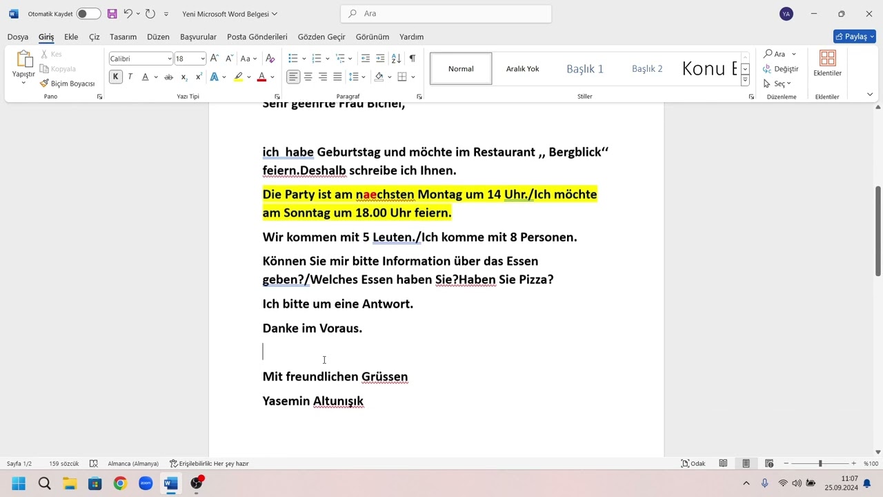 Aile Birleşimi Sınavı /Almanca A1 Sınavı Mektup Örneği 55/56
