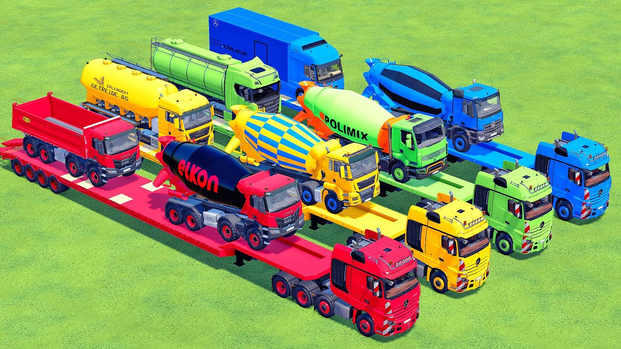 TRANSPORTING ALL COLOR MIXER TRUCK WITH DOUBLE FLATBED TRAILER TRUCK, MERCEDES, MAN, KENWORTH - FS22