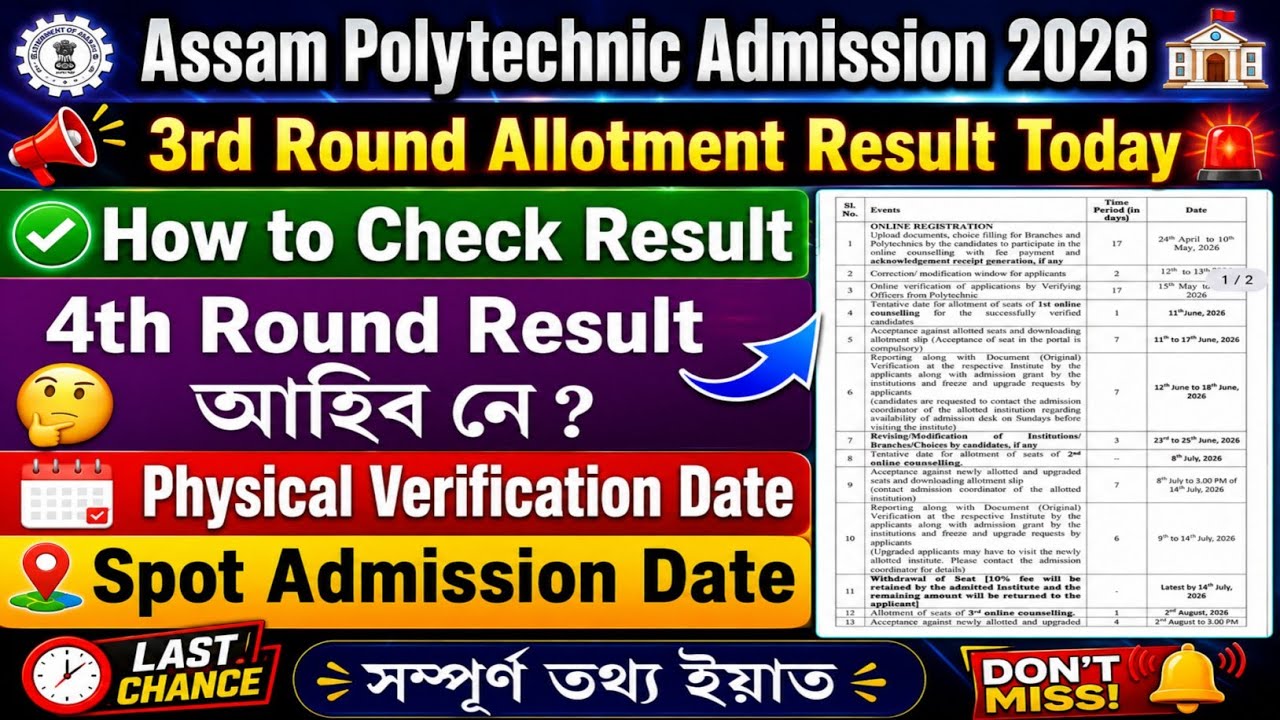 Assam Polytechnic 3rd Round Results Out Now // Document Verification & Spot Admission Dates