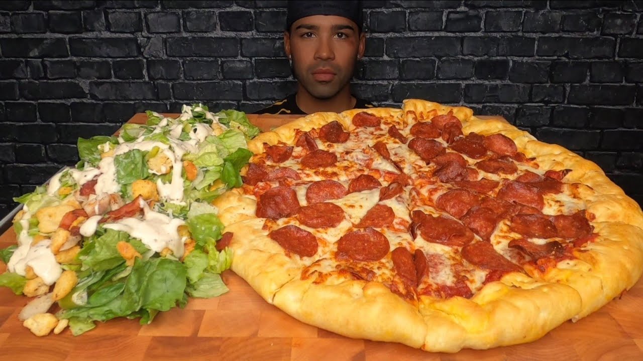 (ASMR) STUFFED CRUST PIZZA & CHICKEN BACON SALAD MUKBANG