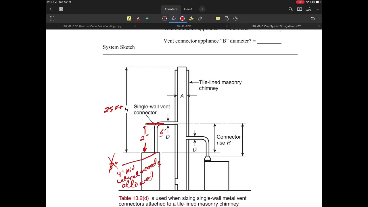 Vent Sizing multiple appliances with single wall connectors to a Masonry chimney