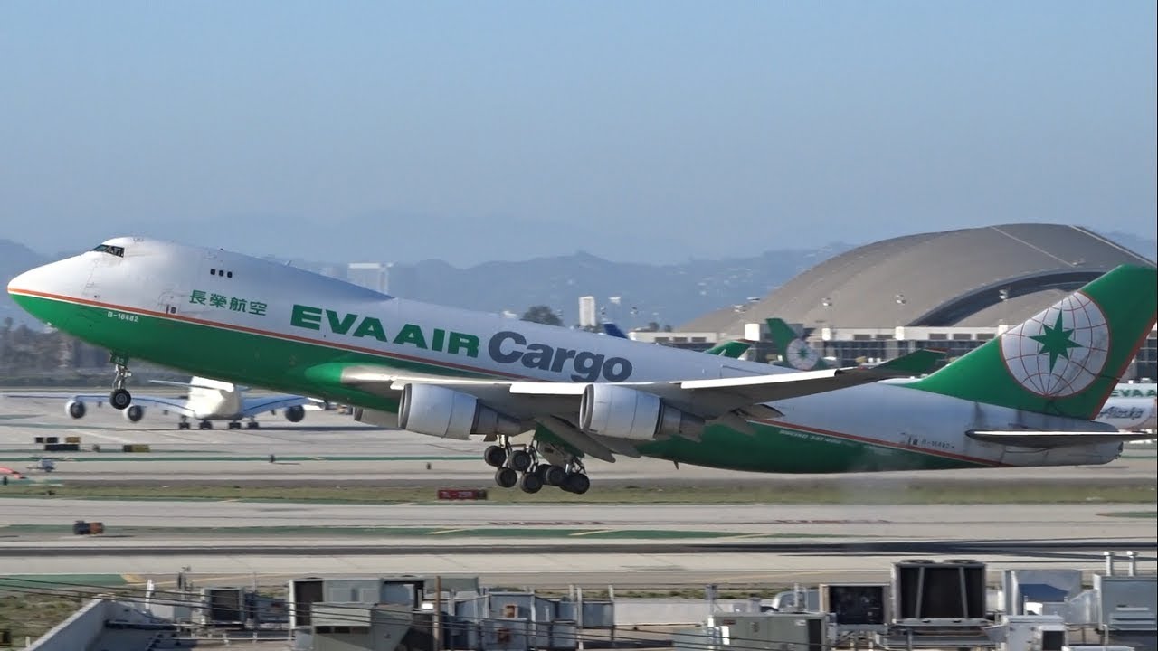 EVA Air Cargo Boeing 747-400F [B-16482] Landing and Takeoff from Los Angeles (LAX)