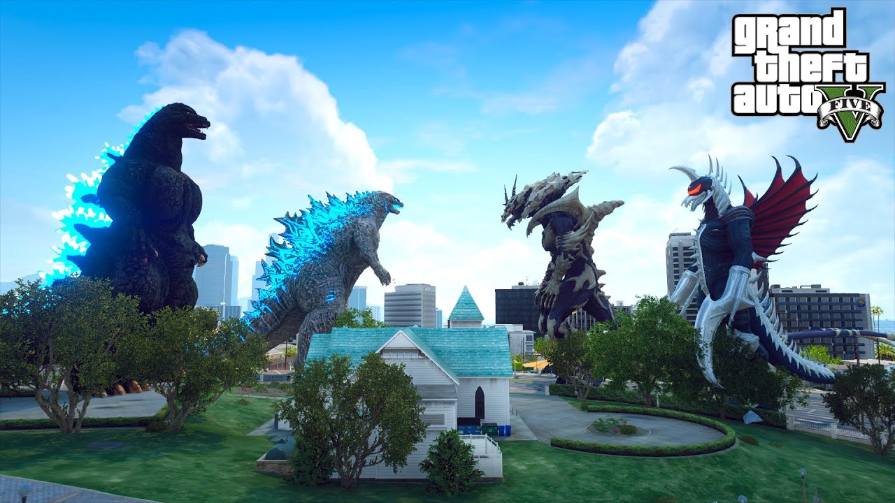 Godzilla and Heisei Godzilla vs Gigan and MonsterX - GTA V Mods
