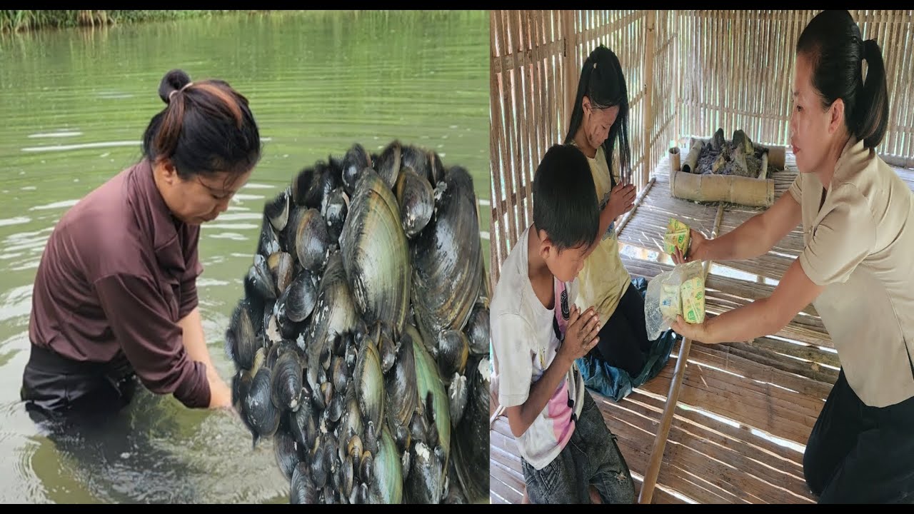 Ly went down to the pond to catch clams to sell and helped two children begging for food.