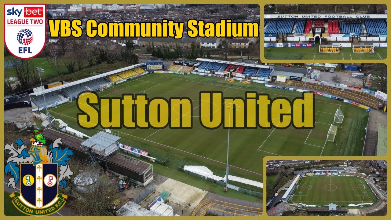 Ep66. VBS Community Stadium, by drone Home of Sutton United. In League 2  for the 23/24 season