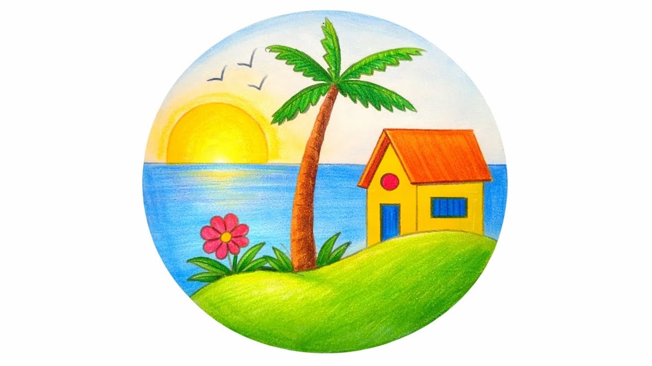 Circle Scenery Drawing | Easy Drawing Ideas | Pencil Drawing | Scenery In Circle | 