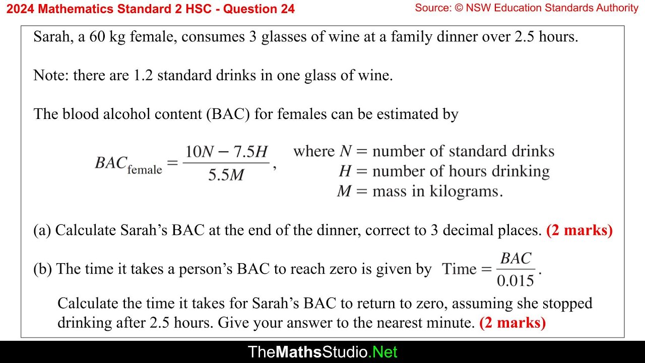 2024 Maths Standard 2 HSC Q24 Calculate blood alcohol content (BAC) & time for BAC to return to zero