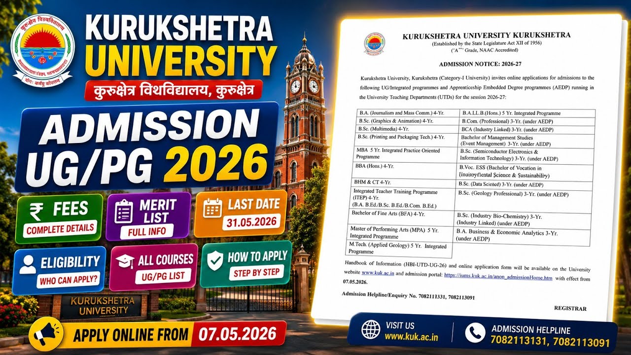 Kurukshetra University Regular Admission 2026| UG/PG admission 2026 Form, Last Date & Full Process
