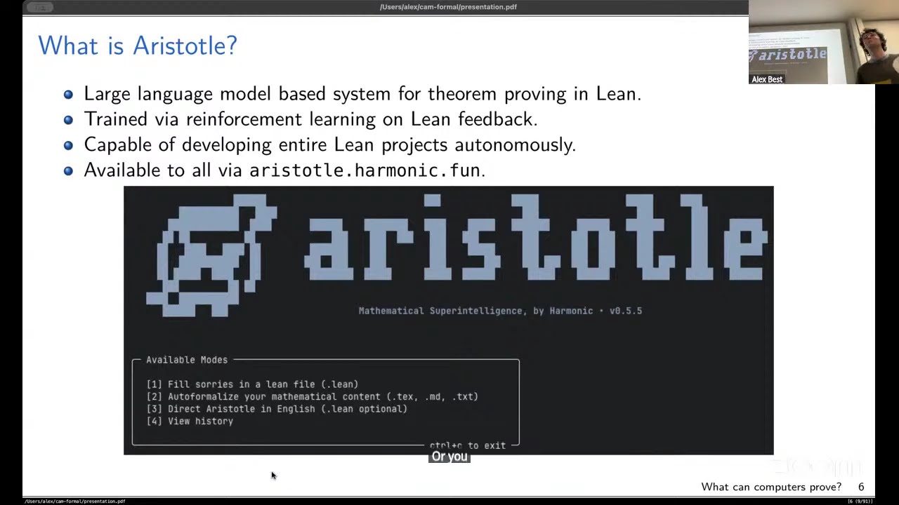 Alex J Best: Aristotle, an AI theorem prover using Lean (29 January 2026)
