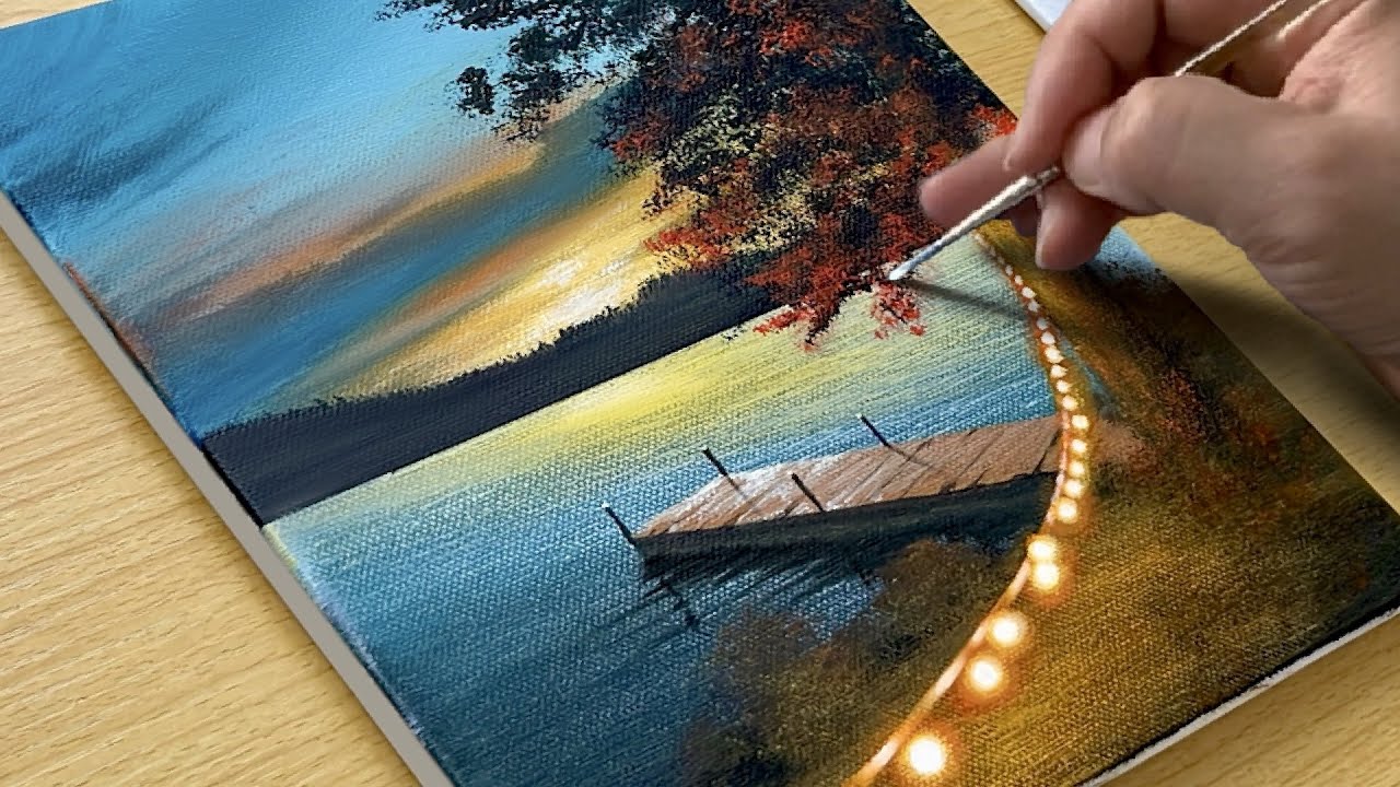 How to Draw a Sunset Lake / Acrylic Painting for beginners