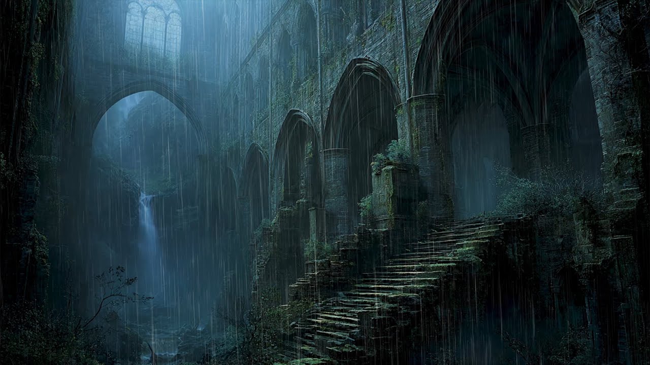 Experience Tranquil Nights with Rain in Ancient Ruined Cathedral 🏰 Surrender to The Soothing Rain