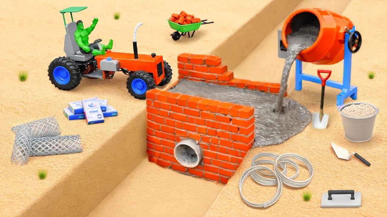 DIY Mini Tractor Concrete Bridge with Drainage System | Turbo Tractor Lab