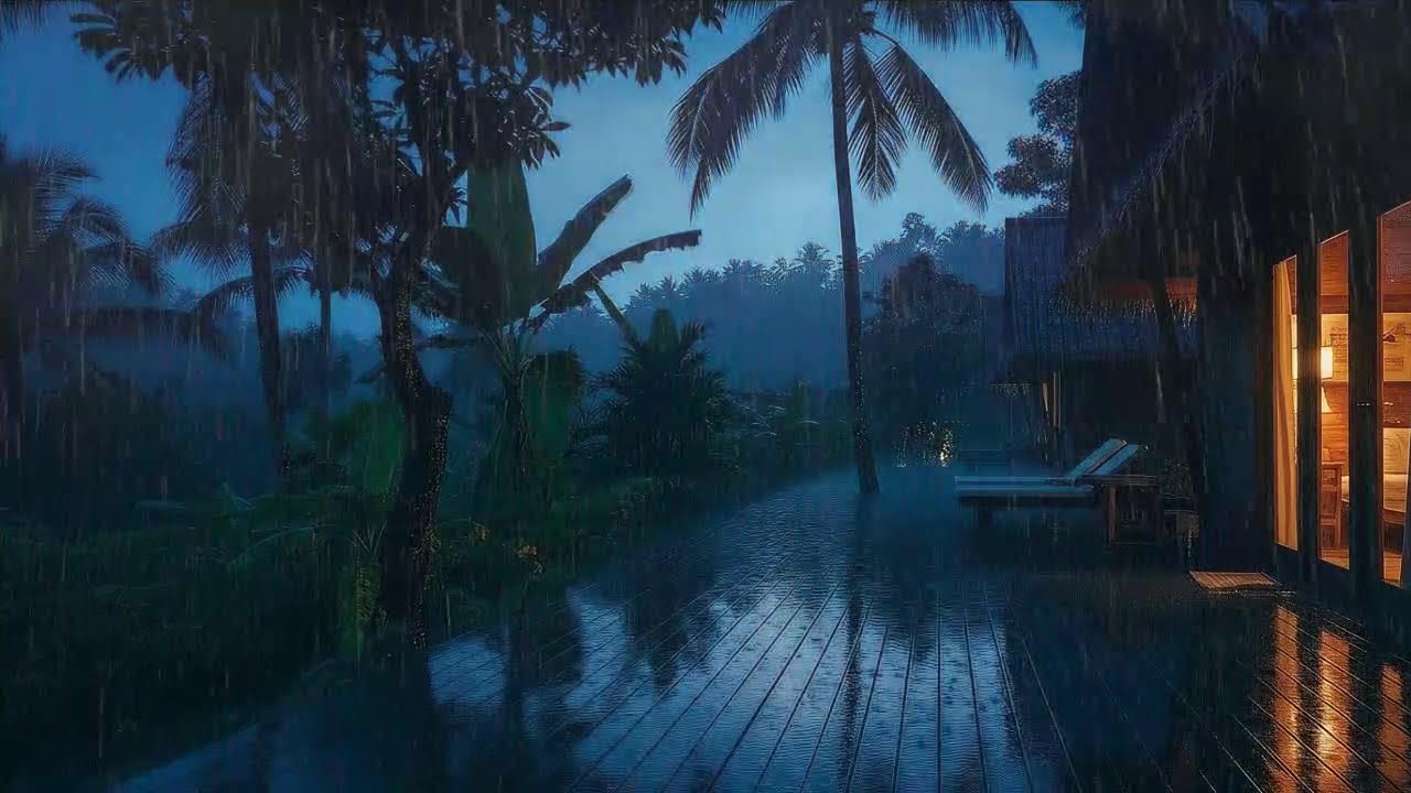 Fall Asleep Fast with Soft Rain and Low Thunder Echo at Wooden Cabin Terrace 🌧️