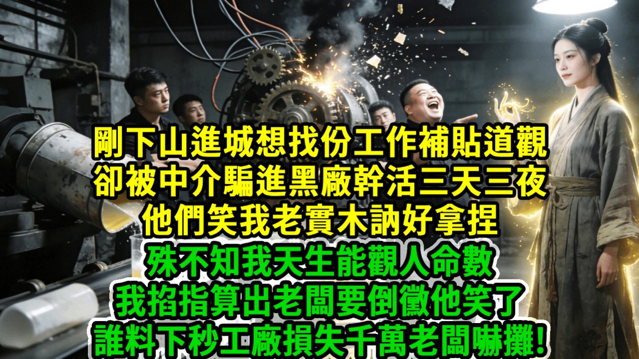 剛下山進城想找份工作補貼道觀，卻被中介騙進黑廠幹活三天三夜，他們笑我老實木訥好拿捏，殊不知我天生能觀人命數，我掐指算出老闆要倒黴他笑了，誰料下秒工廠損失千萬老闆嚇攤!#風起雲湧#爽文