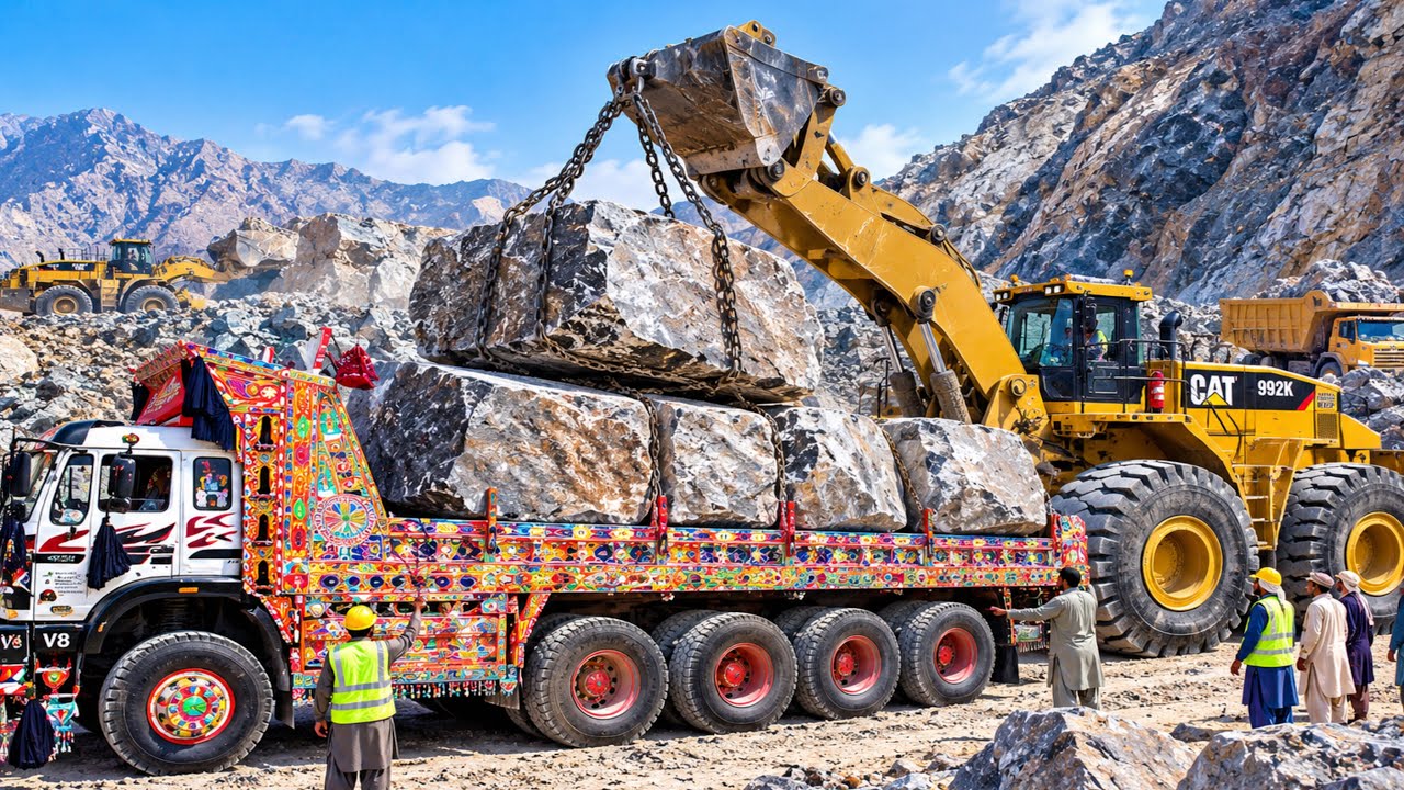 Huge Mountain Rocks Loaded onto Giant Trucks | Amazing Journey to Marble Factory