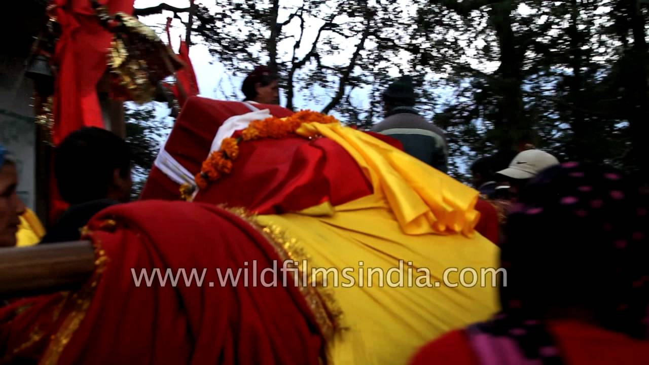 Pilgrims arrive at Bhairav temple in Dodital with Goddess Annapurna's palanquin