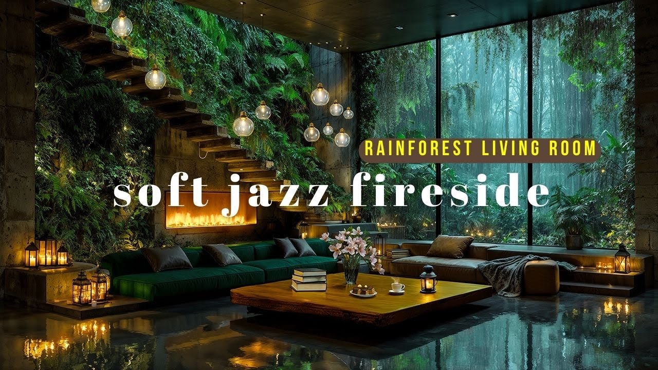 Luxury Rainforest Jazz Fireplace 🌧️ Soft Jazz & Fireplace Sounds for Focus & Calm