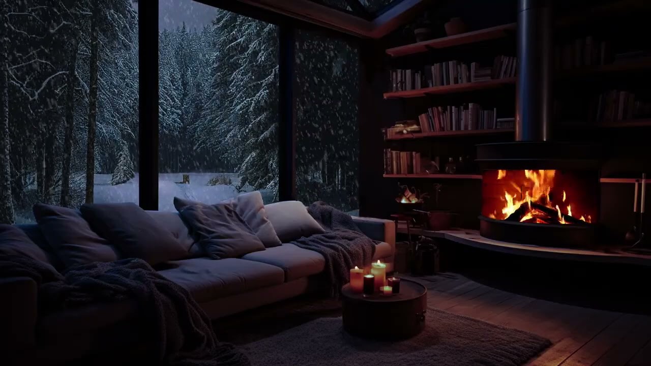 Winterstimmung mit Schneesturm - Lernen, schlafen, entspannen bei gem&uuml;tlichen Kaminkl&auml;ngen