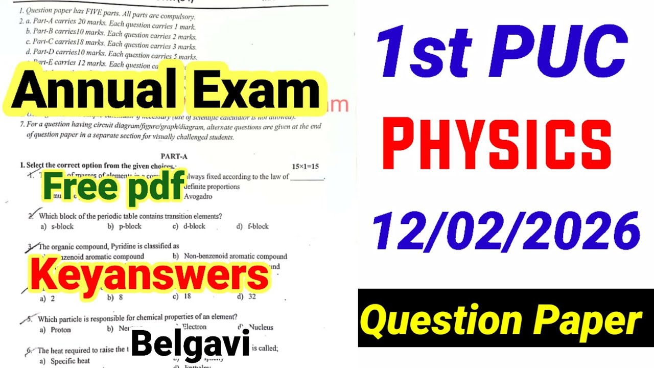 1st PUC Physics Annual Exam Question Paper 2026 With Answers Kseab 