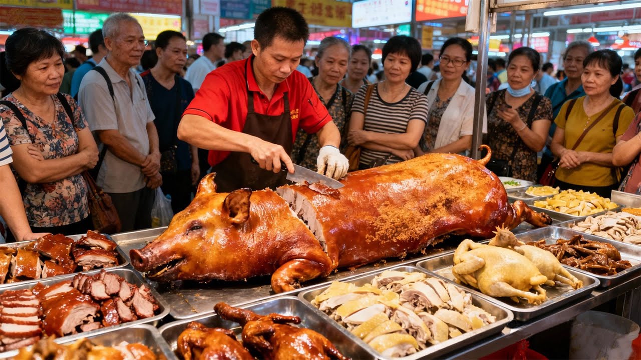 中国广西南宁超级热闹的早市，超大的烧猪，爽滑Q弹的卷筒粉，树叶也能制作美食，什么是老友粉与生榨米粉？虾饼，烧鸭，白切鸡，柠檬鸭，马蹄糕，斑斓糕，色彩斑斓的饺子等等美食数不胜数，一定不要错过！