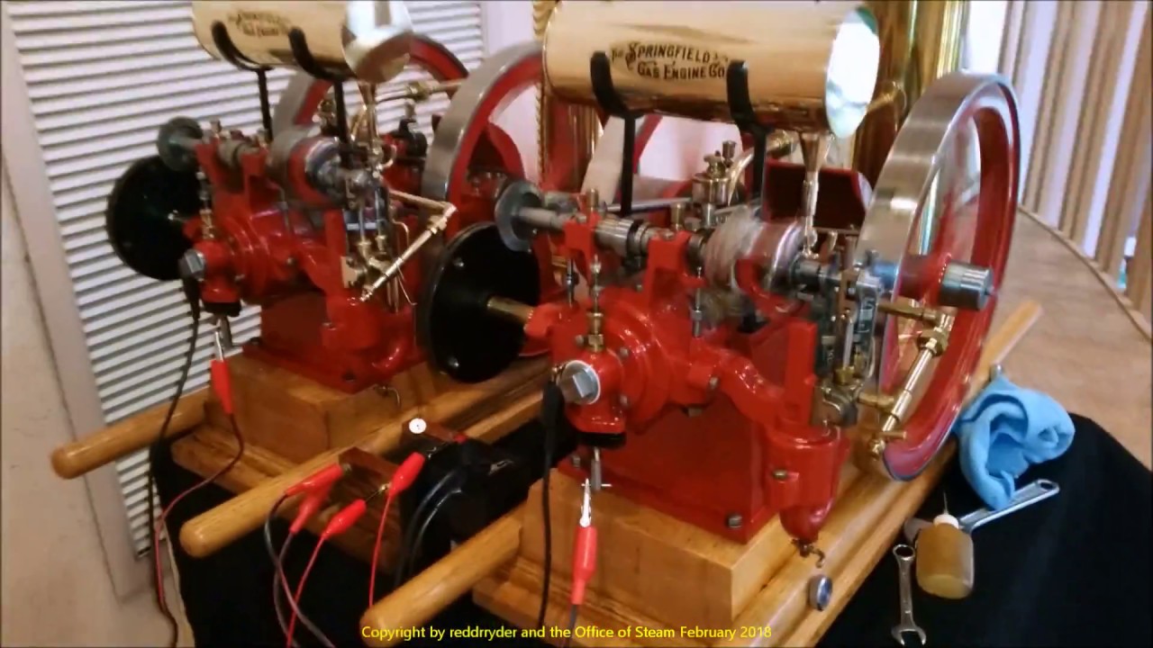 Springfield Gas Engine Model Close Up in Slow Motion then 2 Running Together