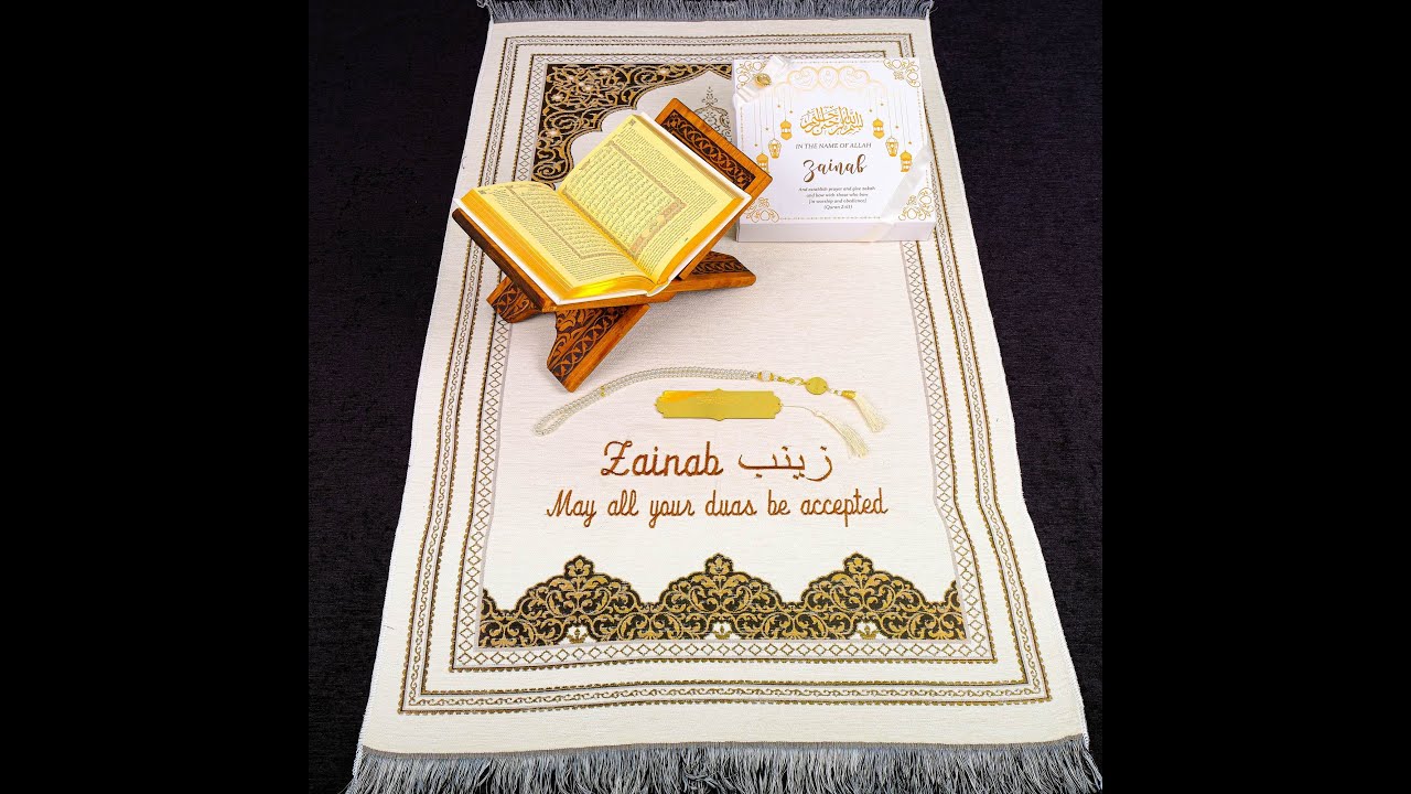 Personalized English Translated Quran Prayer Mat Tasbeeh Islamic Gift Set, Muslim Ramadan Eid Gift