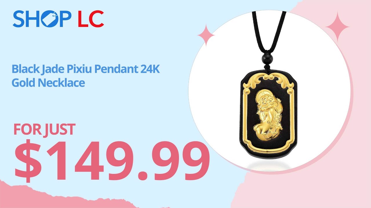 24K Gold Black Jade Pixiu Pendant w/ Beaded Necklace 28