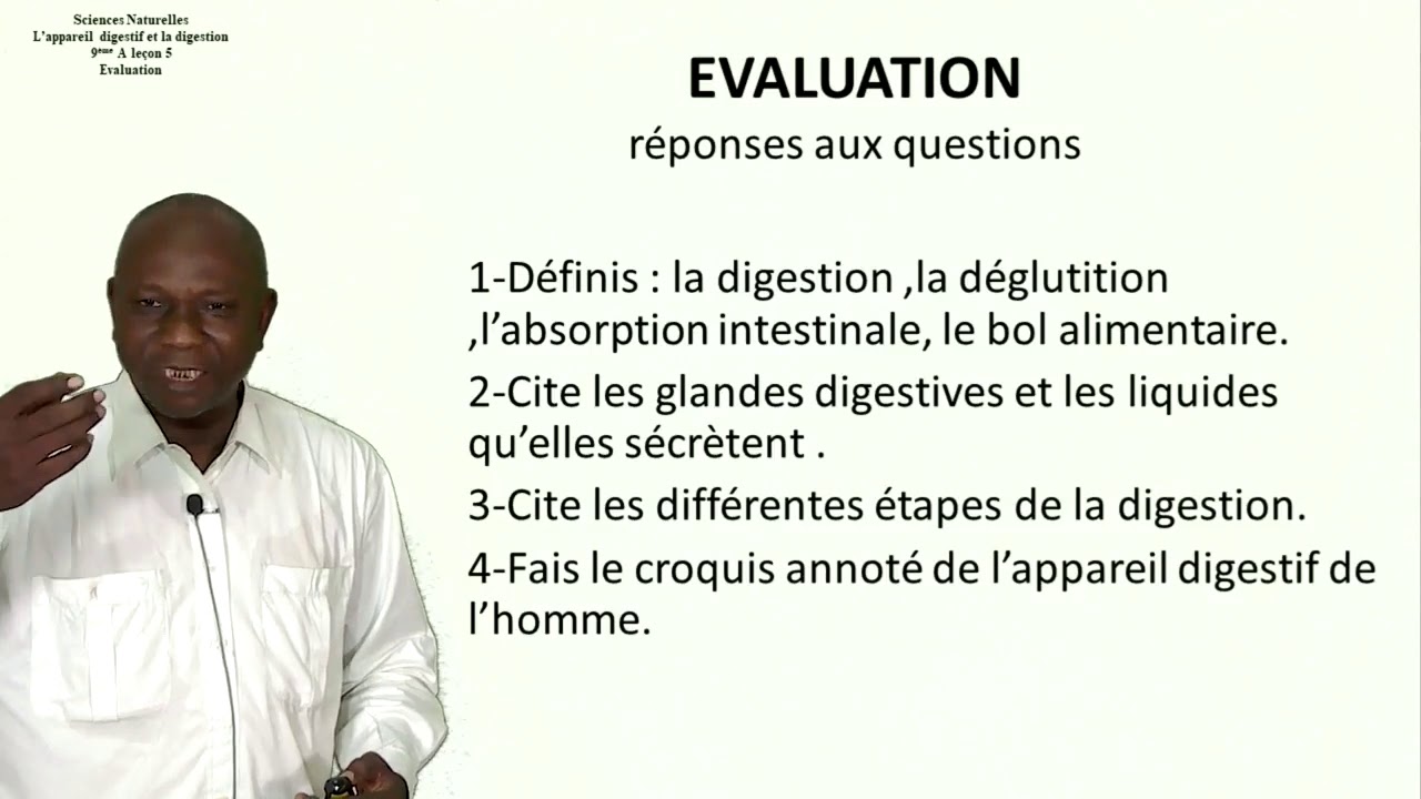 Sciences Naturelles leçon4 L'appareil Digestif et la Digestion  Evaluation