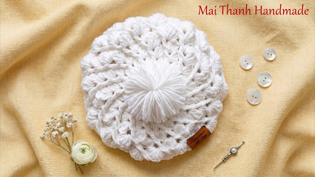 Crochet beret hat tutorial (Eng sub) I Hướng dẫn móc nón bánh tiêu hoa văn con sò