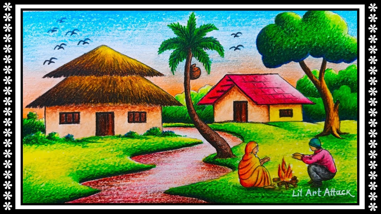 Winter Season Drawing Easy With Colour / winter scenery drawing