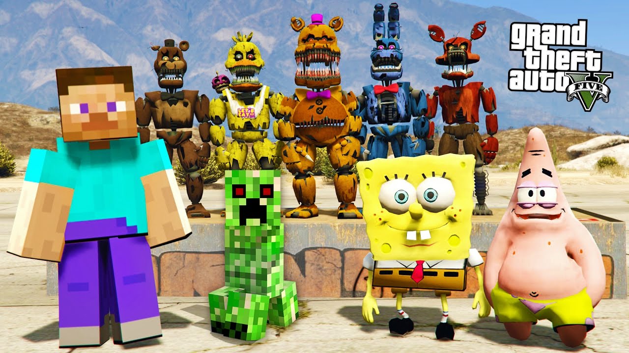 MINECRAFT meets FIVE NIGHTS AT FREDDY'S meets SPONGEBOB in GTA 5!! (GTA 5 Mods)
