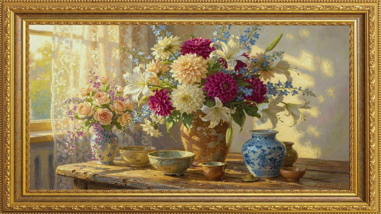 TABLO EKRAN Vintage Çiçekli Tablo Ekran | Huzurlu Müzik ve Sanat Dolusu Çerçeve TV Deneyimi