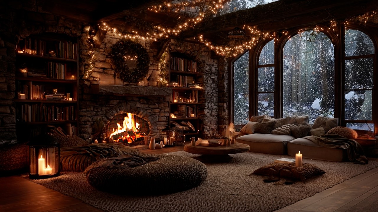 Cozy Cabin in a Blizzard | Soothing Fire Crackle & Howling Wind Sounds for Deep Sleep & Insomnia