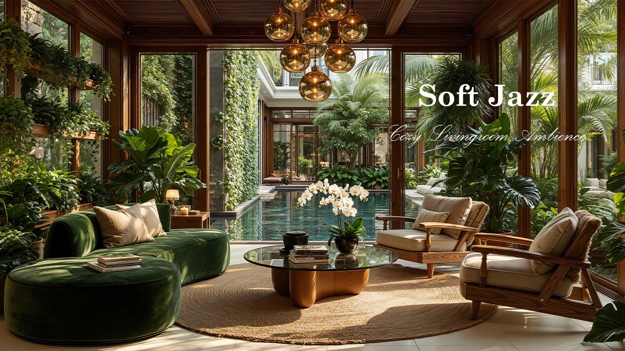 Soft Jazz at Cozy Livingroom Ambience | Nature Therapy with Swimming Pool Outside for Deep Calm