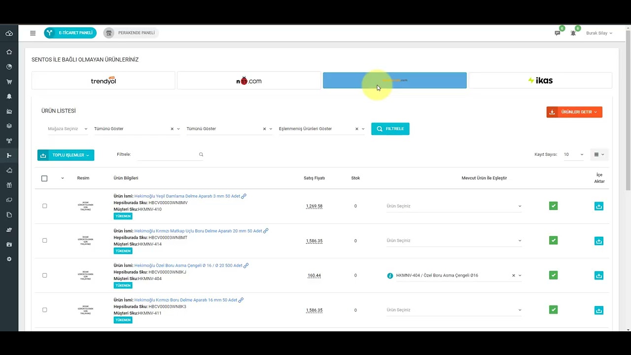 Sentos Platform Ürünleri (Pazaryerlerinden Ürün Çekme ve Eşleştirme Ekranı) | SENTOS YAZILIM