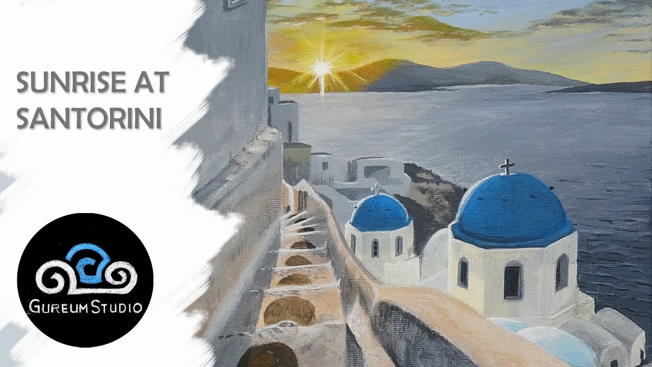 Sunrise At Santorini | Acrylic Painting Landscape Step By Step | Greece | Blue Domes
