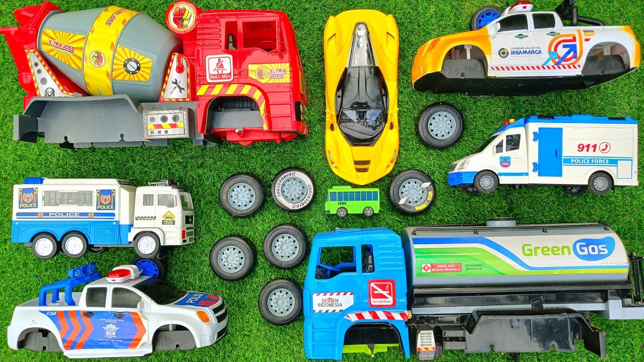 Mencari & Merakit Mainan Rusak, Truk Molen Besar, Truk Tanki Besar, Mobil Polisi, Mobil Layanan Tol.