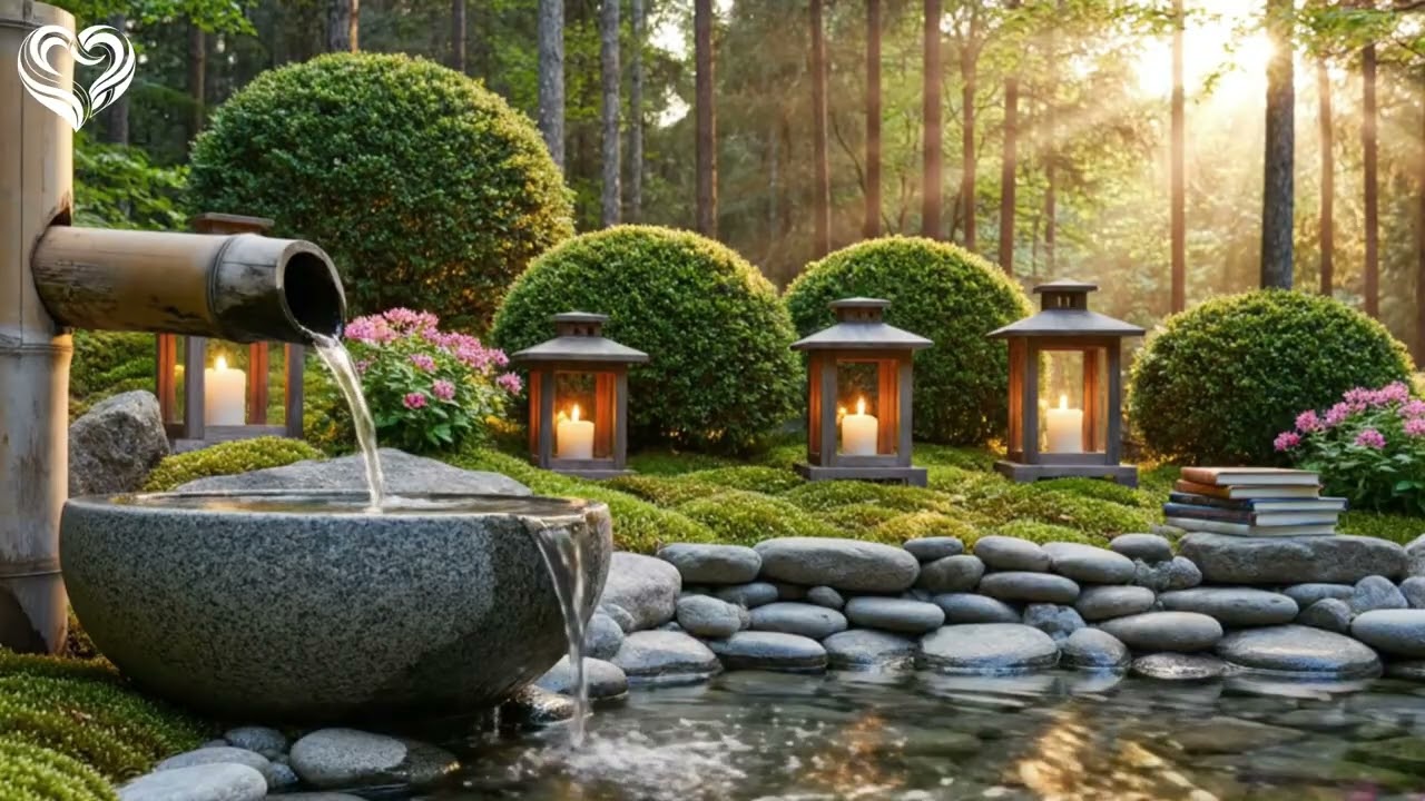 ASMR Serene Bamboo Fountain Garden — Candlelit Water Flow for Deep Relaxation