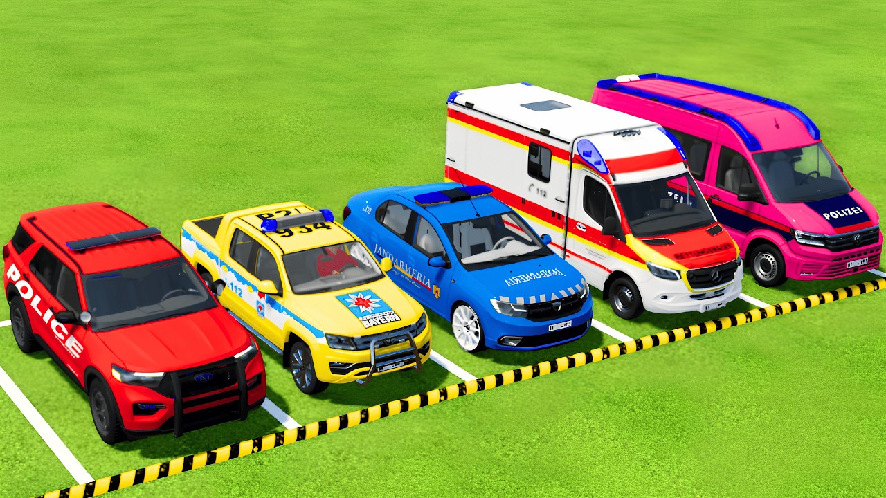 TRANSPORTING ALL POLICE CARS & AMBULANCE EMERGENCY VEHICLES WITH MAN TRUCKS ! Farming Simulator 22