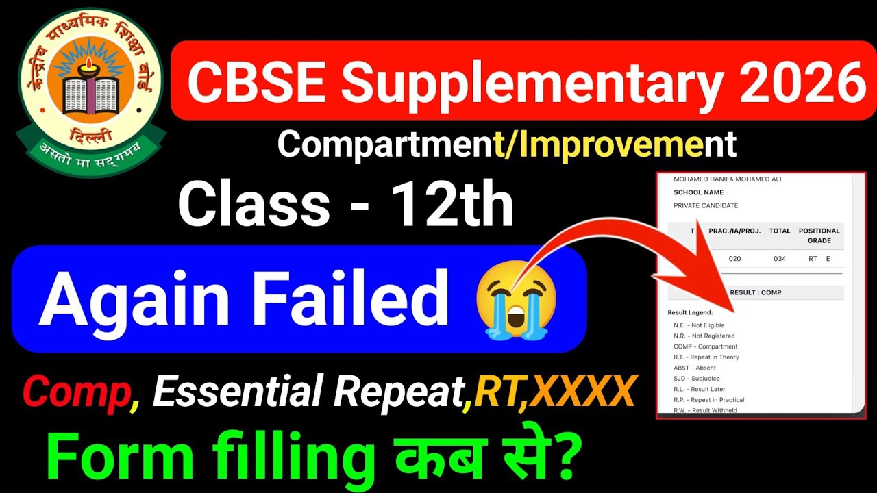 CBSE Supplementary exam 2026 Result: Again Failed? Comp, Essential Repeat, XXXX, RT 